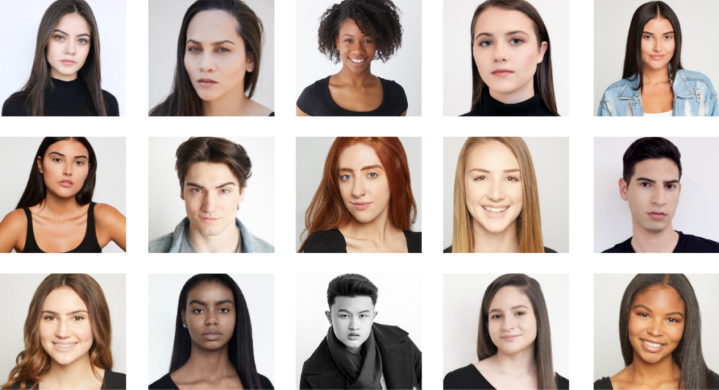diverse headshots of models and actors from bella modeling school